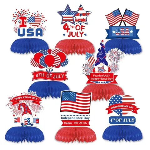 Independence Day Honeycomb Centerpieces 4th Of July Table Decorations Red White Blue Patriotic Gnomes Paper Ornaments Party Supplies