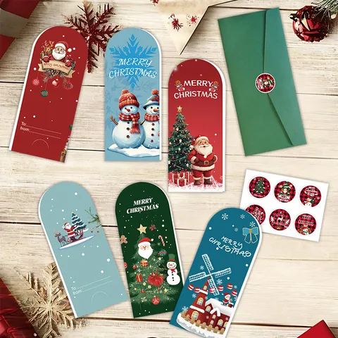 Tarjetas Felicitación Navidad Cumpleaños Sobres Pegatinas Estilo Nórdico Papá Noel Muñeco Nieve Pastel Patrón Bendición