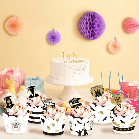 Graduation Cupcake Toppers Wrappers Set Congrats Grad Party Decor Paper Cake Mold Graduates School Party Gold Black Blue