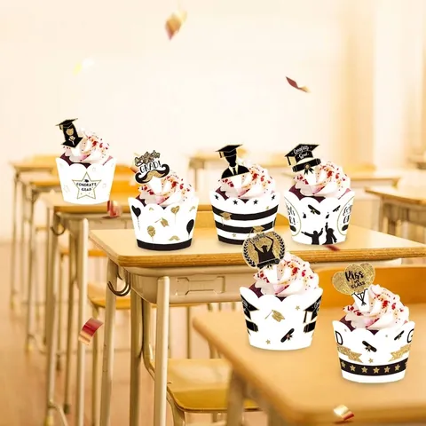 Graduation Cupcake Toppers Wrappers Set Congrats Grad Party Decor Paper Cake Mold Graduates School Party Gold Black Blue