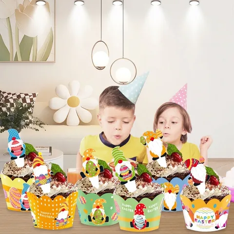 Easter Cupcake Wrappers And Toppers Set Paper Gnome Bunny Egg Cake Decoration For Party Supplies Happy Easter Baking Decor