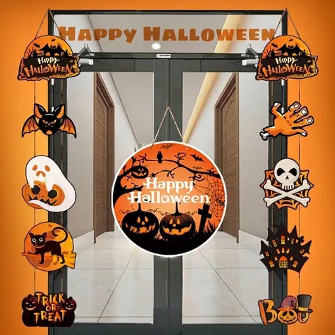 Halloween Party Paper Hanging Decorations Banner Pumpkin Ghost Bat Sign Wall Porch Ornaments For Halloween Venue Props