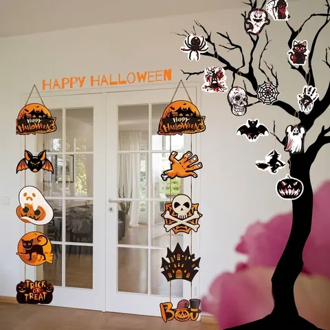 Halloween Party Paper Hanging Decorations Banner Pumpkin Ghost Bat Sign Wall Porch Ornaments For Halloween Venue Props