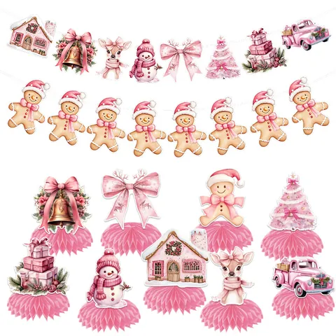 Pink Christmas Party Decorations Set Gingerbread Man Snowman Honeycomb Centerpiece Banners For Xmas Celebration Table Decor
