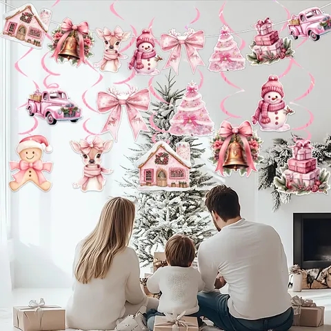 Pink Christmas Party Decoration Paper Banner Spiral Pendant Honeycomb Ornament Santa Reindeer Snowman Festive Home Decor
