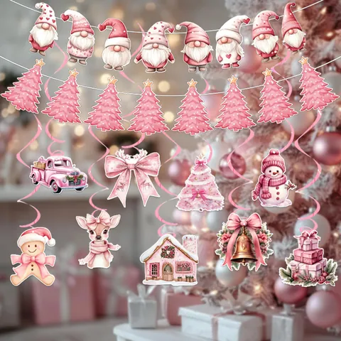 Pink Christmas Party Decoration Paper Banner Spiral Pendant Honeycomb Ornament Santa Reindeer Snowman Festive Home Decor