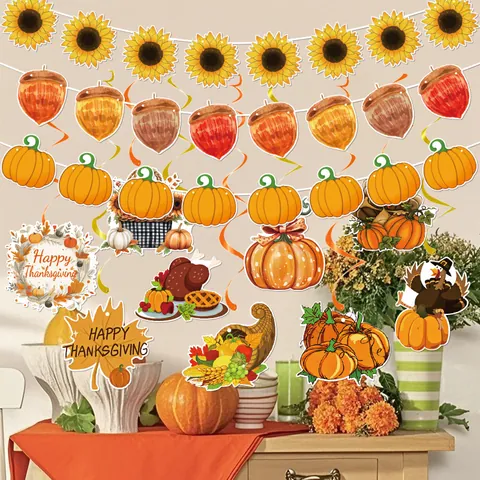 Juego de Decoraciones de Pancartas para Fiestas de Acción de Gracias Guirnalda de Papel de Calabaza Pavo Hoja de Arce para Hogar