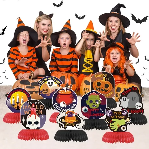 Halloween Party Decoration Set Honeycomb Centerpiece Desktop Ornament Paper Cake Topper Glasses Banner Holiday Decor