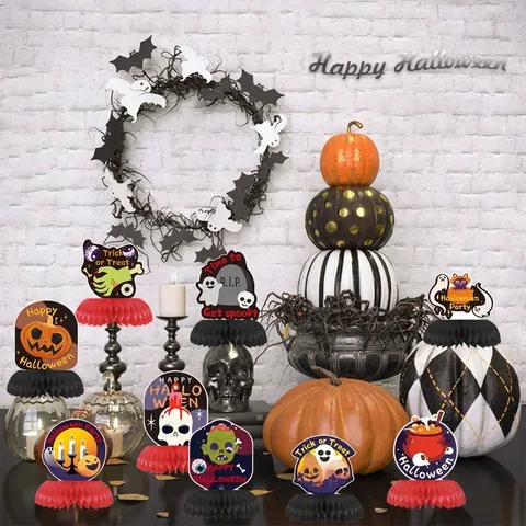 Halloween Party Decoration Honeycomb Centerpieces Pumpkin Ghost Skeleton Banner Hanging Tags Set For Indoor Celebration