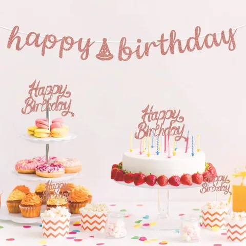 Roze Goud Glitter Happy Birthday Letter Banner En Taarttopper Set Voor Verjaardagsfeestje Decoraties Hangende Banners