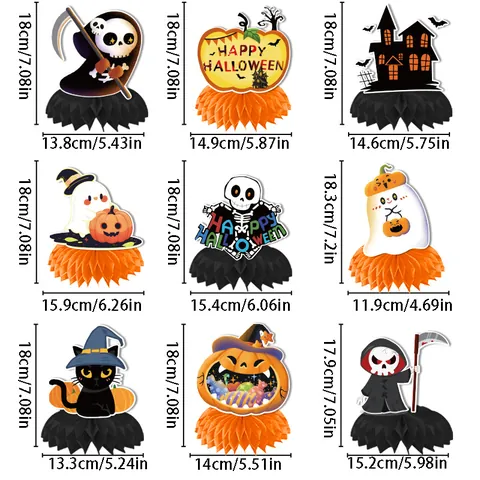 Halloween Honeycomb Centerpieces Party Decorations Set 9pcs Paper Desktop Ornaments For Home Party Spooky Pumpkin Ghost Skull Decorations