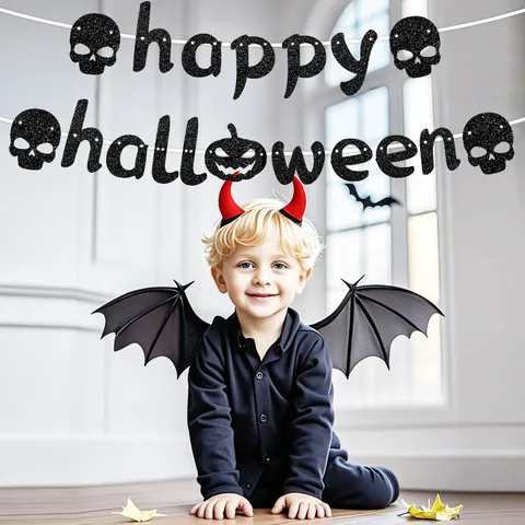 Μαύρο Πανό Halloween με Γκλίτερ Χάρτινη Κολοκύθα Κρανίο Γιρλάντα για Σκηνικό Πάρτι Φόντο Στοιχειωμένο Σπίτι Διακόσμηση Τοίχου