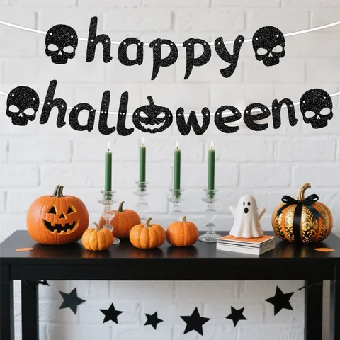 Μαύρο Πανό Halloween με Γκλίτερ Χάρτινη Κολοκύθα Κρανίο Γιρλάντα για Σκηνικό Πάρτι Φόντο Στοιχειωμένο Σπίτι Διακόσμηση Τοίχου