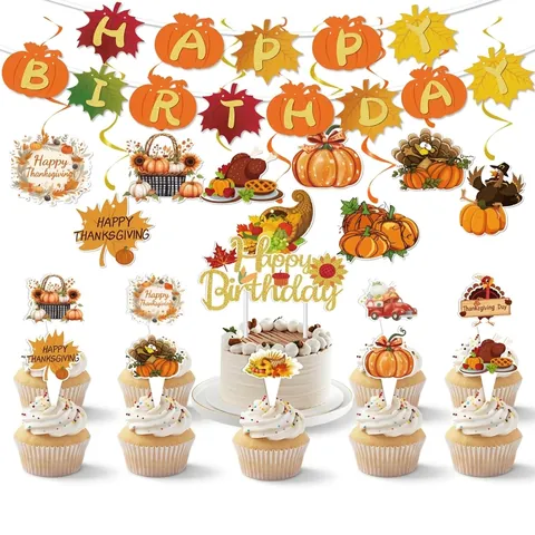 Thanksgiving Feestversiering Set Happy Thanksgiving Verjaardag Banner Esdoornblad Pompoen Kalkoen Cake Topper Spiraal Hangende Ornamenten