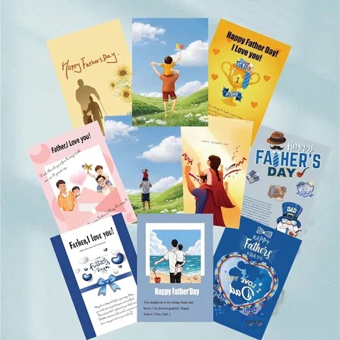 10Pcs Father's Day Greeting Cards Cartoon Father And Son Illustration Message Cards For Gift Flowers Floral Warm Wish Cards