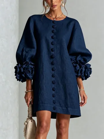 French Vintage 3D Flower Lantern Sleeve Cotton Linen Dress Women Round Neck Single Breasted Loose Vacation Mini Dress
