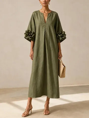 French Vintage Cotton Linen Midi Dress Elegant V-Neck Three-Quarter Sleeve Loose Fit Dress With 3D Flower Decoration For Women