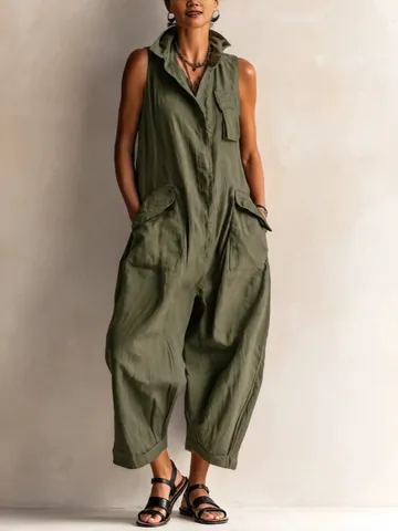 Tuta Intera da Donna Retrò Senza Maniche con Colletto alla Coreana Multitasche Stile Workwear Gamba Larga Tinta Unita Casual