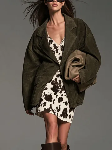 Women's Fashion Suede Blazer Jacket Oversized Long Sleeve Lapel Solid Color Outerwear For Autumn Winter Patchwork Casual Top