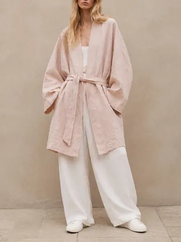 Women Loose Trench Coat Solid Color Mid Length Tie Waist Cardigan Casual Lazy Style Polyester Long Sleeve Outerwear Fall Fashion Top