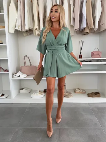 Tutina da Donna Scollo a V Manica Corta Con Lacci in Vita Tinta Unita Tuta Corta Casual Pantaloncini Interi Estivi