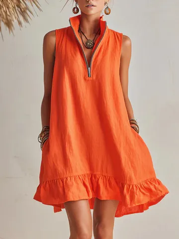 Women Summer Sleeveless Midi Dress V Neck Zipper Ruffle Hem Solid Color Polyester Spandex Elegant Loose Vacation Dress
