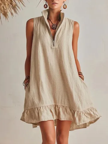 Women Summer Sleeveless Midi Dress V Neck Zipper Ruffle Hem Solid Color Polyester Spandex Elegant Loose Vacation Dress