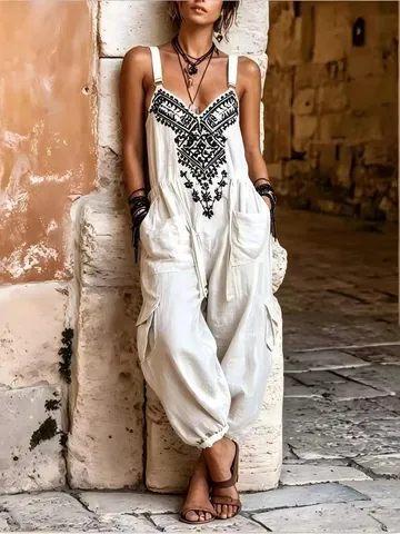 Women's Summer Bohemian Printed V Neck Sleeveless Jumpsuit Casual Beachwear Wide Leg Strappy Playsuit With Large Pockets