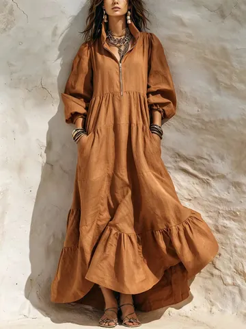 Bohemian Cotton Linen Ruffled Maxi Dress Women Stand Collar Zipper V-Neck Lantern Sleeve Tiered Loose Vacation Long Dress