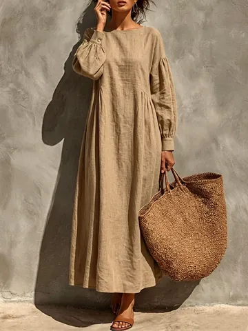 Abito Lungo da Donna in Cotone e Lino Casual Tinta Unita Manica Lunga Vestibilità Comoda Stile Boho Vacanza Girocollo