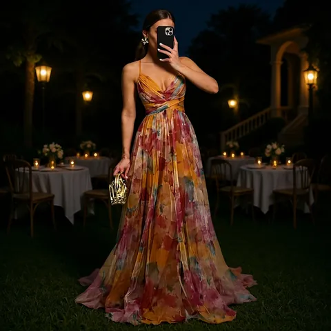 Women Mesh Printed Maxi Dress Sexy V-Neck Spaghetti Strap Cut-Out Waist Tulle A-Line Vacation Party Evening Polyester Spandex Gown