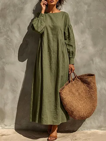 Abito Lungo da Donna in Cotone e Lino Casual Tinta Unita Manica Lunga Vestibilità Comoda Stile Boho Vacanza Girocollo