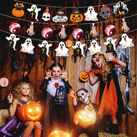 Halloween Hanging Banner Paper Garland Horror Ghost Pumpkin Skull Eyeball Zombie Hand Decoration For Party Home Scene Layout