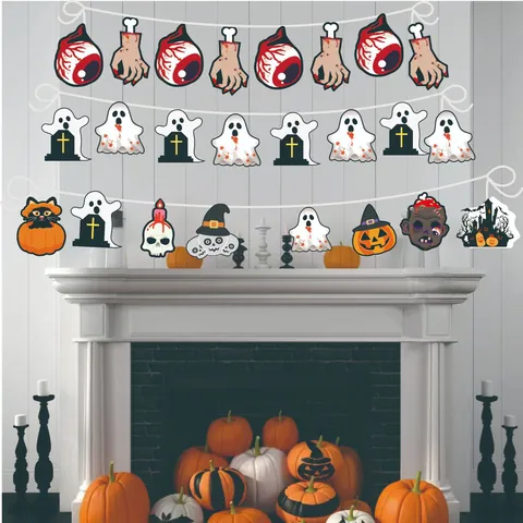 Halloween Hanging Banner Paper Garland Horror Ghost Pumpkin Skull Eyeball Zombie Hand Decoration For Party Home Scene Layout