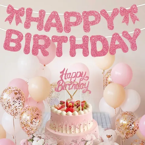 Glitter Happy Birthday Letter Banner Bow Decoration And Cake Topper For Girls Birthday Party Supplies Bunting And Topper