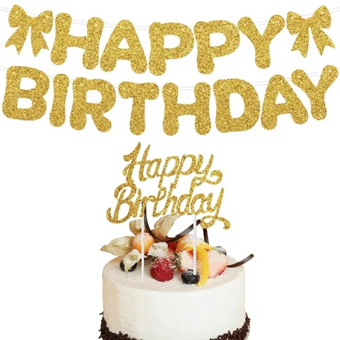 Happy Birthday Banner Glitter Cake Topper Set Gold Pink Black Party Decorations For Kids Adults Celebration Party Supplies