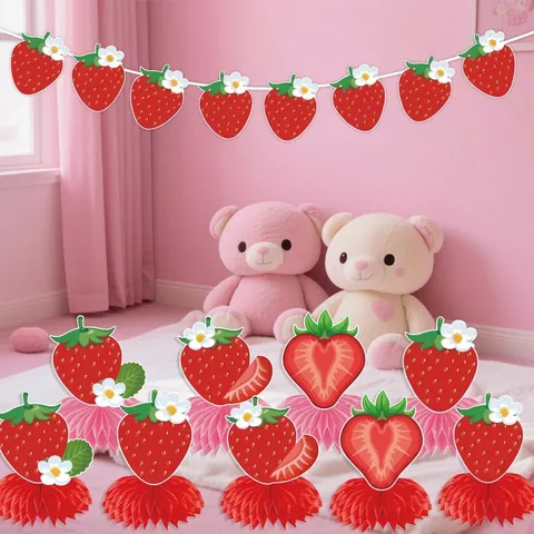 Hawaii Strawberry Fruit Theme Party Decorations Happy Birthday Banner Swirls Cupcake Toppers Honeycomb Centerpieces Paper Garland Set