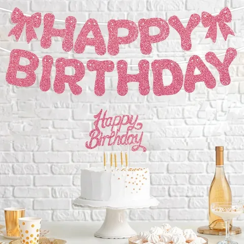 Glitter Happy Birthday Letter Banner Bow Decoration And Cake Topper For Girls Birthday Party Supplies Bunting And Topper