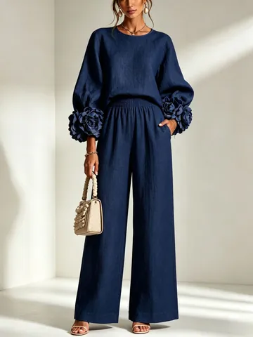 Ensemble Haut et Bas pour Femme Style Français en Coton Lin Avec Manche Lanterne Fleur 3D Pantalon Large Décontracté