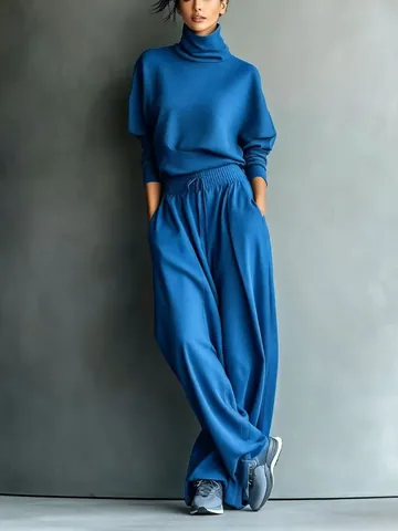 Women High Neck Sweatshirt Top And Bottom Casual Loose Long Sleeve Hoodie And Wide Leg Pants Solid Color Fall Winter Lounge Set