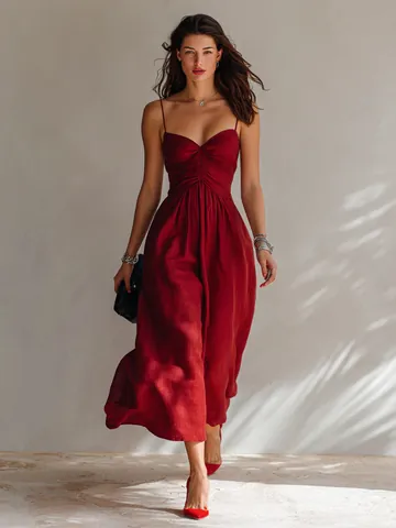 Women Sexy Ruched Spaghetti Strap Midi Dress Elegant Slim Fit Solid Color Sleeveless Bodycon Party Dress