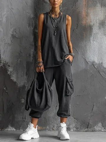 Conjunto Casual De Chaleco Sin Mangas Y Pantalones Cargo Capri Para Mujer Cuello Redondo De Punto Conjunto De Dos Piezas Con Bolsillos Para Verano Otoño