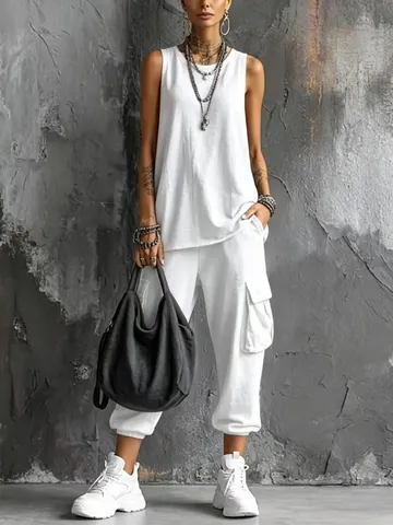 Conjunto Casual De Chaleco Sin Mangas Y Pantalones Cargo Capri Para Mujer Cuello Redondo De Punto Conjunto De Dos Piezas Con Bolsillos Para Verano Otoño