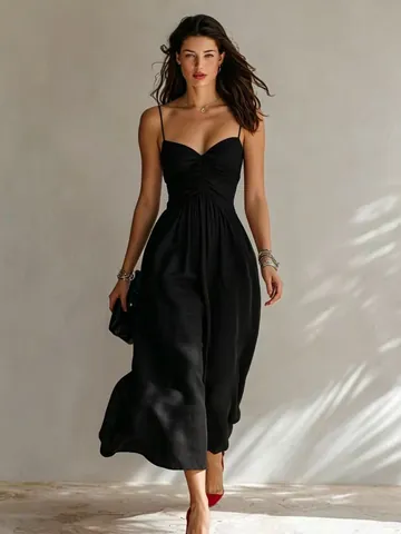 Women Sexy Ruched Spaghetti Strap Midi Dress Elegant Slim Fit Solid Color Sleeveless Bodycon Party Dress