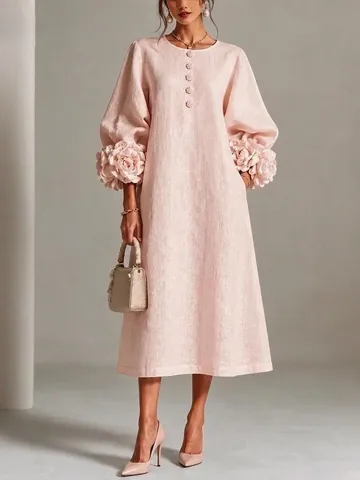 Französischer Stil 3D Blumen Laternenärmel Baumwollleinen Kleid Damen Rundhals Locker Urlaub Midikleid A-Linie Elegantes Kleid