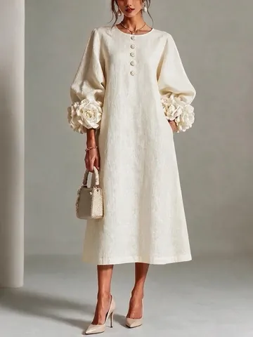 Französischer Stil 3D Blumen Laternenärmel Baumwollleinen Kleid Damen Rundhals Locker Urlaub Midikleid A-Linie Elegantes Kleid