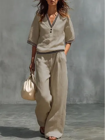 Conjunto de Top y Pantalón Casual de Lino con Cuello en V para Mujer con Ribete de Rayas Camisa de Manga Corta y Pantalón Ancho