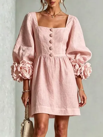 Dames Franse Vintage Katoen Linnen Mini Jurk Met 3D-bloemen Lantaarnmouwen Vierkante Hals Elegante Jurk