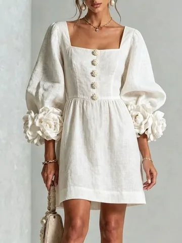 Dames Franse Vintage Katoen Linnen Mini Jurk Met 3D-bloemen Lantaarnmouwen Vierkante Hals Elegante Jurk