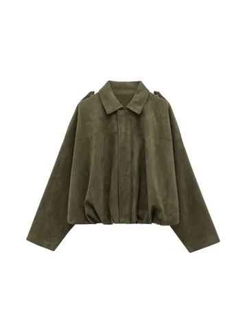 Women's Faux Suede Bomber Jacket Batwing Sleeve Lapel Zipper Short Outerwear Loose Vintage Epaulettes Flight Jacket